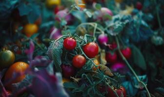 ai gegenereerd tomaten achtergrond. top visie van verschillend variëteiten van tomaten. groenten achtergrond. foto