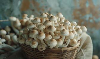 ai gegenereerd bundel van wit shimeji champignons in een rieten mand Aan een houten tafel. selectief focus. foto