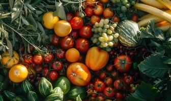 ai gegenereerd tomaten achtergrond. top visie van verschillend variëteiten van tomaten. groenten achtergrond. foto