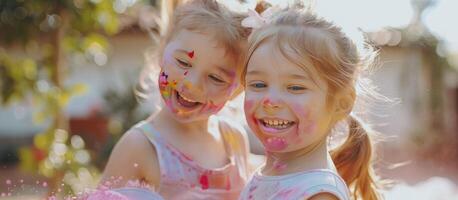 ai gegenereerd multicultureel vreugde, schattig Europese kind meisjes vieren de Indisch holi festival, gedekt in kleurrijk verf poeder Aan gezichten en lichamen. foto