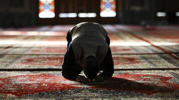 ai gegenereerd moslim Mens bidt in een moskee foto