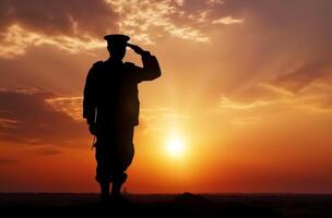 ai gegenereerd silhouet van een soldaat groet Bij zonsondergang foto
