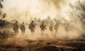 ai gegenereerd strijd tafereel. leger silhouetten vechten tafereel Aan oorlog mist lucht achtergrond. wereld oorlog soldaten silhouetten hieronder bewolkt horizon Bij zonsondergang foto