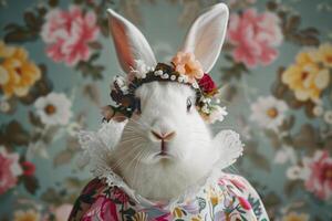 ai gegenereerd antropomorf Pasen konijn met een bloem kroon en een folklore jurk, bloemen achtergrond foto