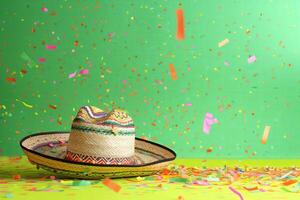 ai gegenereerd traditioneel feestelijk Mexicaans sombrero Aan een limoen groen achtergrond met feestelijk vliegend confetti foto