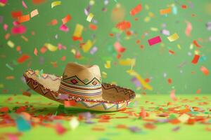 ai gegenereerd traditioneel feestelijk Mexicaans sombrero Aan een limoen groen achtergrond met feestelijk vliegend confetti foto