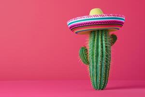 ai gegenereerd cactus met een traditioneel Mexicaans sombrero Aan een levendig roze achtergrond voor cinco de mayo foto