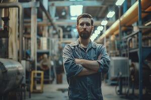 ai gegenereerd zelfverzekerd ingenieur staand in industrieel faciliteit met ai gegenereerd. foto