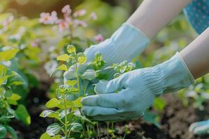 ai gegenereerd tuinman aanplant jong basilicum in vruchtbaar bodem met ai gegenereerd. foto