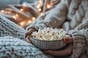 ai gegenereerd knus avond met popcorn en warm lichten met ai gegenereerd. foto