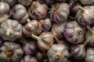 ai gegenereerd stapel van vers biologisch knoflook bollen. foto