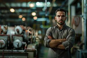 ai gegenereerd zelfverzekerd ingenieur staand in industrieel faciliteit met ai gegenereerd. foto