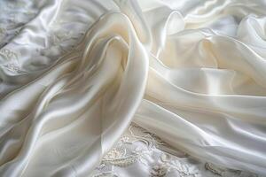 ai gegenereerd zijdezacht wit kleding stof met delicaat vouwen met ai gegenereerd. foto