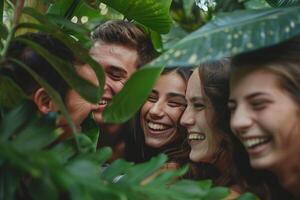 ai gegenereerd blij vrienden lachend samen in natuur. foto