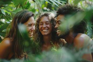 ai gegenereerd blij vrienden lachend samen in natuur. foto