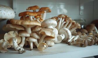 ai gegenereerd champignons Aan de plank in de keuken. Ondiep diepte van veld- foto