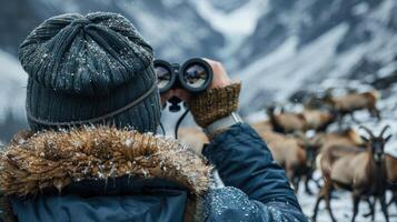 ai gegenereerd persoon nemen afbeelding van kudde van schapen foto