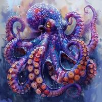 ai gegenereerd Octopus schilderij Aan blauw en Purper achtergrond foto