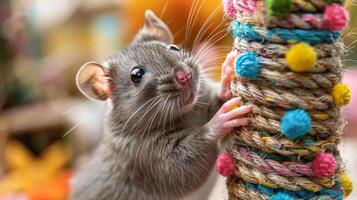 ai gegenereerd muis spelen met bal in veld- foto