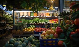 ai gegenereerd fruit en groenten Aan de teller van een markt foto