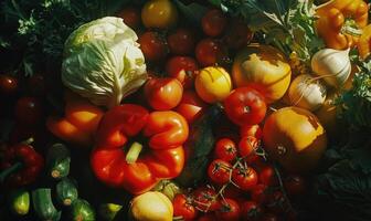 ai gegenereerd oogst van vers biologisch groenten Aan de tafel. selectief focus. natuur. top visie. foto