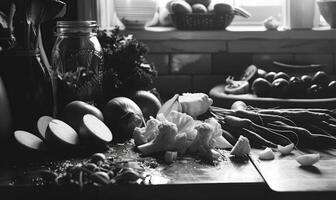 ai gegenereerd nog steeds leven met groenten Aan een rustiek achtergrond. zwart en wit. foto