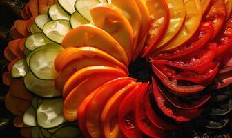 ai gegenereerd plakjes van vers tomaten en courgette Aan zwart achtergrond foto