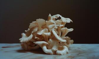 ai gegenereerd oester champignons Aan een marmeren tafel. selectief focus. foto