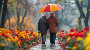 ai gegenereerd Mens en vrouw wandelen door veld- van bloemen foto