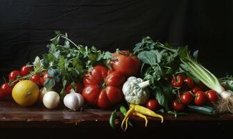 ai gegenereerd groenten Aan een houten tafel met een zwart achtergrond in de studio foto