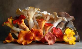 ai gegenereerd nog steeds leven met groep van geel en oranje chanterelle champignons foto