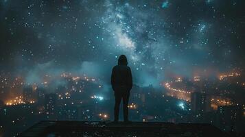 ai gegenereerd persoon staand Aan heuvel met uitzicht stad Bij nacht foto