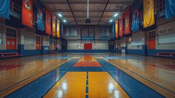 ai gegenereerd basketbal rechtbank met blauw en geel lijnen foto