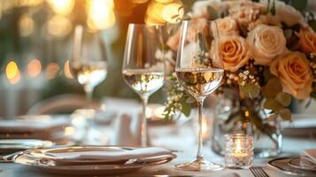 ai gegenereerd tafel reeks met wit bloemen en kaarsen foto