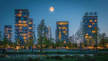 ai gegenereerd stad nacht visie met maan foto