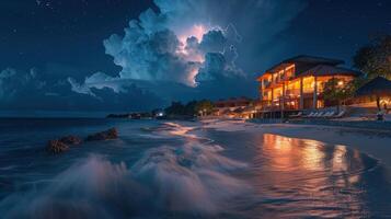 ai gegenereerd bliksem storm over- strand Bij nacht foto