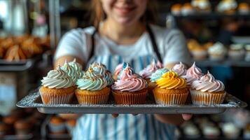 ai gegenereerd vrouw Holding dienblad van cupcakes foto