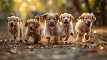 ai gegenereerd groep van puppy's rennen door Woud foto