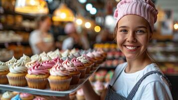 ai gegenereerd vrouw Holding dienblad van cupcakes foto