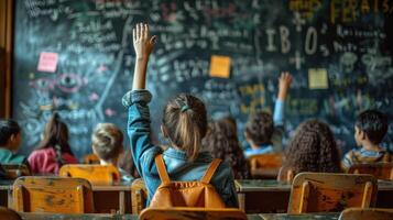 ai gegenereerd klas vol van kinderen verhogen hun handen foto