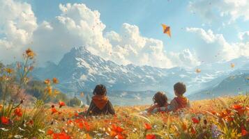 ai gegenereerd twee kinderen staand in een veld- van bloemen foto