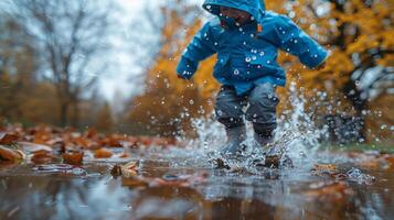 ai gegenereerd persoon in blauw jasje rennen door plas foto