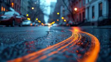 ai gegenereerd stad straat met auto's en gebouwen Aan een regenachtig dag foto