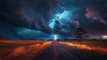 ai gegenereerd groot veld- met bliksem bout in lucht foto