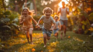 ai gegenereerd kinderen rennen door een veld- foto