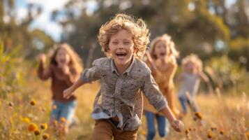 ai gegenereerd kinderen rennen door een veld- foto