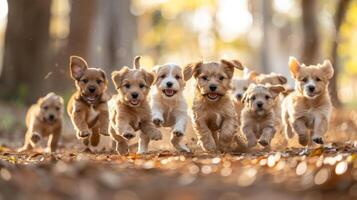 ai gegenereerd groep van puppy's rennen door Woud foto