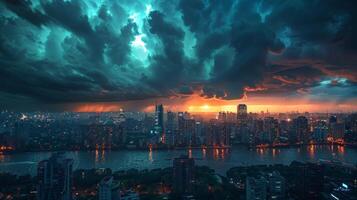 ai gegenereerd naderen storm over- stad Bij nacht foto