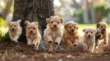 ai gegenereerd groep van puppy's rennen in de omgeving van een boom foto