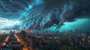 ai gegenereerd naderen storm over- stad Bij nacht foto